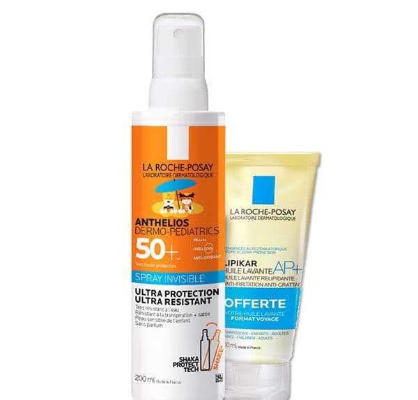 La Roche-Posay ANTHELIOS DERMO PEDIATRICS SPRAY CREME SOLAIRE ENFANT SPF50+ +LIPIKAR HUILE LAVANTE OFFERT date 8/26